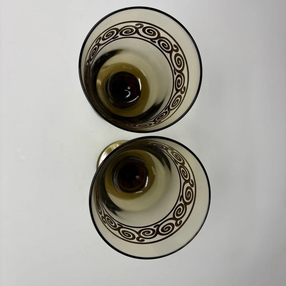 Vintage Amber Glass Goblet with Swirl Design Set of Two 7” Tall Glasses 16 Oz